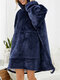 Women Flannel Thick Fleece Lined Comfy Oversized Blanket Hoodie Solid Sweatshirt With Kangaroo Pocket - Navy