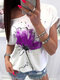 Floral Printed O-Neck Short Sleeve Casual T-shirt - Purple