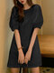 Сплошной цвет с короткими рукавами и круглым вырезом Шея Повседневный Платье - Черный
