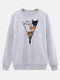 Cartoon Cat Printed O-neck Long Sleeve Sweatershirt - Gray