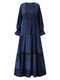 Plaid Print Lantern Sleeve Plus Size Long Casual Dress - Blue