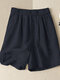 Women Solid Color Cotton Casual Elastic Waist Shorts - Dark Blue