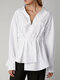 Asymmetrical Hem Elastic Waist  V-neck Fashion Lapel Plus Size Blouse - White