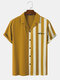 Mens Striped Patchwork Script Print Revere Collar Short Sleeve Shirts - Yellow