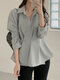 Solid Button Irregular Button Puff Sleeves Lapel Blouse Women - Gray