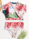 Women High Waist Bikini String Short Sleeves Tropical Print Swimwear - Pink