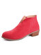 Plus Size Women Casual Comfy Suede V Shape Chunky Heel Zip Ankle Boots - Red