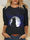 Cat Print O-neck Long Sleeve Plus Size Cotton T-shirt for Women - Black