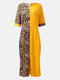 Leopard Print Patchwork Slit Hem Pocket Plus Size Long Dress - Yellow