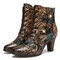 SOCOFY Vintage Floral Printed Cowhide Leather Warm Lined Wearable Side Zipper Short Boots - Black