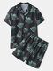 Men Tropical Print Pajamas Comfortable Faux Silk Sleepwear Loose Home Loungewear - Black