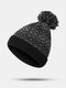 Unisex Cotton Thread Knitted Thickened Argyle Jacquard Fur Ball Decoration Warmth Brimless Beanie Hat - Black