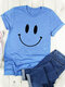 Casual Cartoon Smile Printed Short Sleeve O-neck T-Shirt For Women - Light Blue