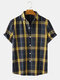 Mens Check Plaid Button Up Cotton Casual Short Sleeve Shirts - Navy