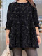 Allover Floral Print Puff Sleeve Crew Neck Casual Blouse - Navy