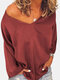 Casual Solid Color Long Sleeve V-neck Plus Size T-shirt - Red