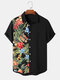 Mens Tropical Floral Print Patchwork Lapel Short Sleeve Shirts Winter - Black
