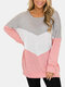 女性のためのコントラストカラー長袖Oネックパッチワークセーター - ピンク