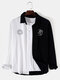 Men Contrast Color Patchwork Lapel 100% Cotton Long Sleeve Shirts - Black