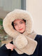 Women Plush Solid Color Fur Ball Decoration One-piece Scarf Hat Anti-cold Ear Protection Beanie Hat - Beige