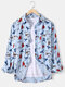 Mens Allover Animal Letter Print Cotton Casual Long Sleeve Shirts - Blue