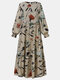 Ethnic Calico O-neck Long Sleeve Print Dress For Women - Gray