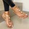 Plus Size Women Casual Beading Flip Flop Flat Sandals - Gold