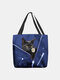 Women Felt Black Cat Floral Handbag Tote - Blue