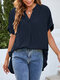 Solid Split Roll Sleeve High-Low Hem Casual Blouse - Navy