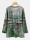 Dragonfly Printed Long Sleeve O-neck T-shirt For Women - Green