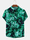 Mens Tie Dye Print Casual Light Summer Short Sleeve Stand Collar Shirts - Green