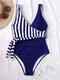 Women Striped Patchwork Wrap Knot Side One Piece Wide Straps Swimsuit - Navy