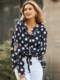 PolkaDot Print V-neck Puff Sleeve Knotted Plus Size Shirt for Women - Black