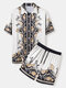 Mens Vintage Plant Print Button Up Short Two Pieces Outfits - White