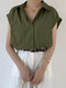 الصلبة زر جيب لفة الأكمام طية صدر السترة قميص عارضة - الجيش الأخضر