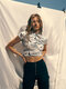 Newspaper Print Cut Out Short Sleeve Stand Collar Crop Top - White