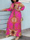 Plus Size Women Vintage Baroque Print Long Sleeve Maxi Dress - Rose