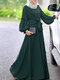 Solid Color Pleated Waistband Long Sleeve Casual Muslim Dress for Women - Green