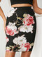 Flower Print High Waist Pencil Skirt For Women - Black