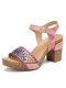 SOCOFY Leather Contrast Cutouts Single Strap Ankle Strap High Heels Chunky Heel Sandals - Pink