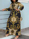 Plus Size Women Vintage Baroque Print Long Sleeve Maxi Dress - Black