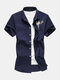 Mens Birds Embroidered National Style Short Sleeve Desginer Shirts - Navy Blue