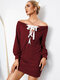 Solid Lace Up Off-shoulder Long Sleeve Casual Dress - Wine Red