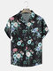 Mens Floral Print Button Up Holiday Short Sleeve Shirts With Pocket - Black
