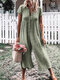 Solid Color Button Casual Wide Legs Short Sleeve Jumpsuit - Green