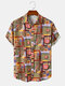 Mens Scarf Printed Overlap Buttons Up Short Sleeve Shirts - Green