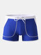 Mens Knit Solid Color Drawstring Swimming Trunks With Patchwork Pockets - Blue