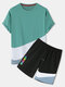 Mens Color Block Patchwork Letter Print Crew Neck Two Pieces Outfits - Green