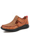 Men Breathable Mesh Splicing Hand Stitching Hole Leather Sandals - Brown