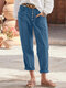 Women Solid Color Button Detail Casual Straight Pants - Blue